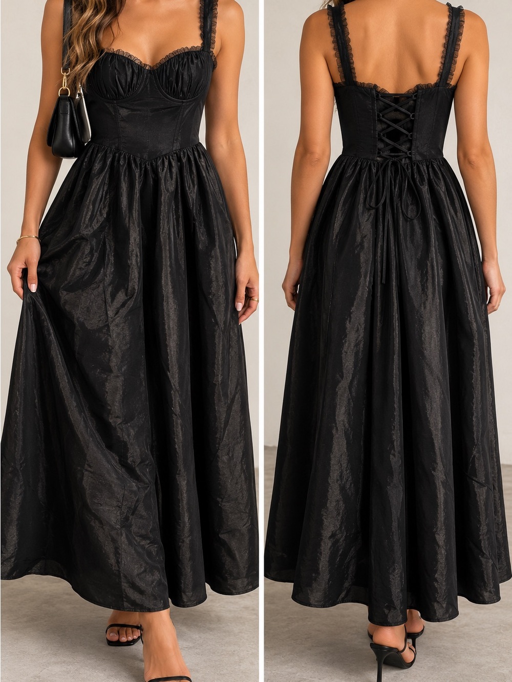 Lucy in the Sky Black Corset Lace Up Maxi Dress Size Large